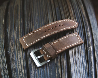 Premium leather watch strap in dark brown - hand sewn