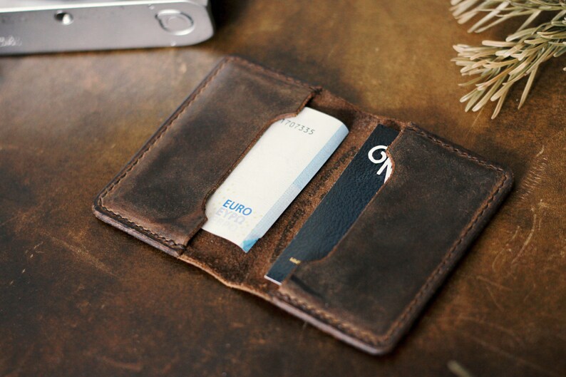 Handmade leather card case Card Holder purse minimalist slim dark brown vintage image 1