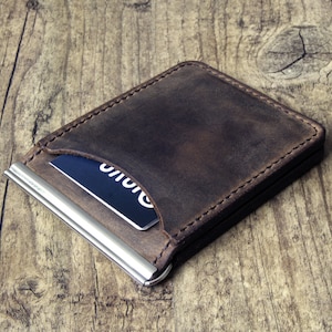 Leder Geldbeutel mit Geldscheinklammer Money Clip Portemonnaie Kartenetui minimalistisch dunkelbraun