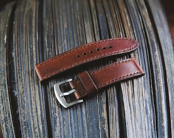 Premium leather watch strap in reddish brown – hand-stitched