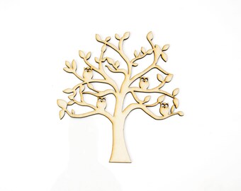 T112 Drewniane drzewo genealogiczne + 5x 30 mm serca, wystrój domu, drewniane kształty do rękodzieła, drewniane kształty rzemieślnicze, kształty rzemieślnicze MDF, kształty MDF