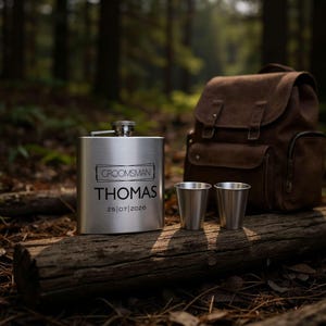May include: A silver hip flask engraved with "GROOMSMAN", the name "THOMAS", and the date "25/07/2020". Two small metal cups and a brown leather backpack are also present. The items are displayed on a log in a woodland environment.