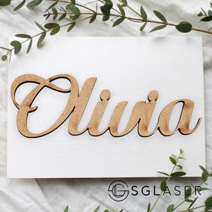 May include: A wooden name sign with the name "Olivia" written in a cursive font. The sign is made of light brown wood and is sitting on a white background.
