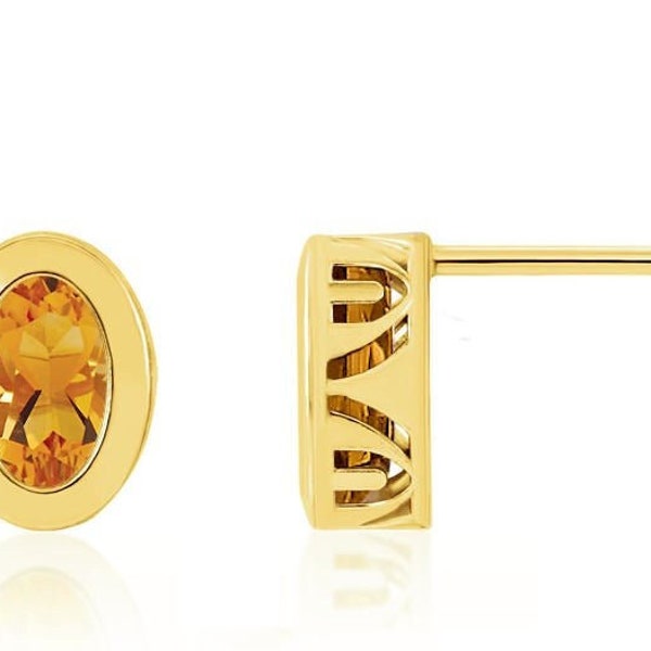 14K Citrine Earrings, 14K White Gold or 14K Yellow Gold Bezel Set Genuine Sunny Citrine Oval Gemstone Stud Earrings, November Birthstone