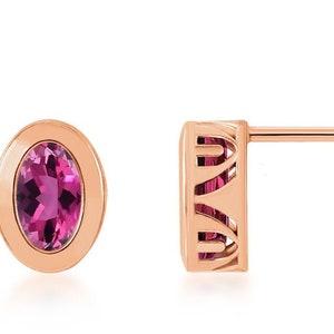 Pink Tourmaline Earrings, 14K Rose Gold, Yellow Gold or White Gold Genuine Tourmaline Oval Gemstone Studs Bezel Set, October Birthstone