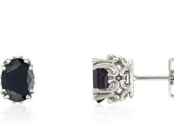 Dark Blue Sapphire Earrings, 14K White, Yellow or Rose Gold Genuine "Black" Australian Sapphire Oval Scroll Studs, September Birthstone