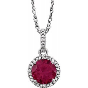 Sterling Silver Red Ruby Necklace, Lab Created Ruby & Diamond Halo Pendant, 18 Inch 925 Rope Chain, July Birthstone
