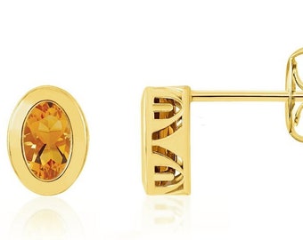 14K Citrine Earrings, 14K White Gold or 14K Yellow Gold Bezel Set Genuine Sunny Citrine Oval Gemstone Stud Earrings, November Birthstone