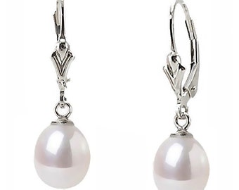 14K White Pearl Vintage Style Leverback Earrings 14K White Gold, 14K Yellow Gold or Rose Gold Hand Crafted Wedding Jewelry, Teardrop Dangles