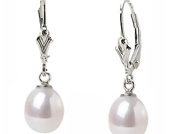 14K White Pearl Vintage Style Leverback Earrings 14K White Gold, 14K Yellow Gold or Rose Gold Hand Crafted Wedding Jewelry, Teardrop Dangles