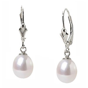 14K White Pearl Vintage Style Leverback Earrings 14K White Gold, 14K Yellow Gold or Rose Gold Hand Crafted Wedding Jewelry, Teardrop Dangles