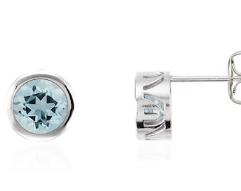 14K White Gold Aquamarine Earrings, Blue Aquamarine Bezel Set Gemstone Studs 5mm or 6mm Round, March Birthstone