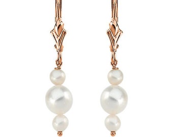 14K Or Jaune Perle Blanche Leverback Boucles D/'oreilles Style Vintage 1 1//8/" Chute Dangles