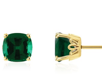 Emerald Earrings, 14K Yellow Gold, White Gold or Rose Gold Lab Created Green Emerald Gemstone Cushion Cut Studs 5 x 5mm, May Birthstone