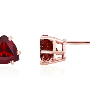 Garnet Trillion Earrings, 14K Rose Gold, White Gold or Yellow Gold Red Garnet Gemstone Studs 6mm, January Birthstone, 1.25 Carats