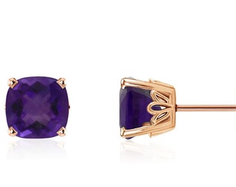 Pendientes de amatista en oro de 14 quilates, piedra natal de febrero, pendientes de 6 x 6 mm con corte cojín