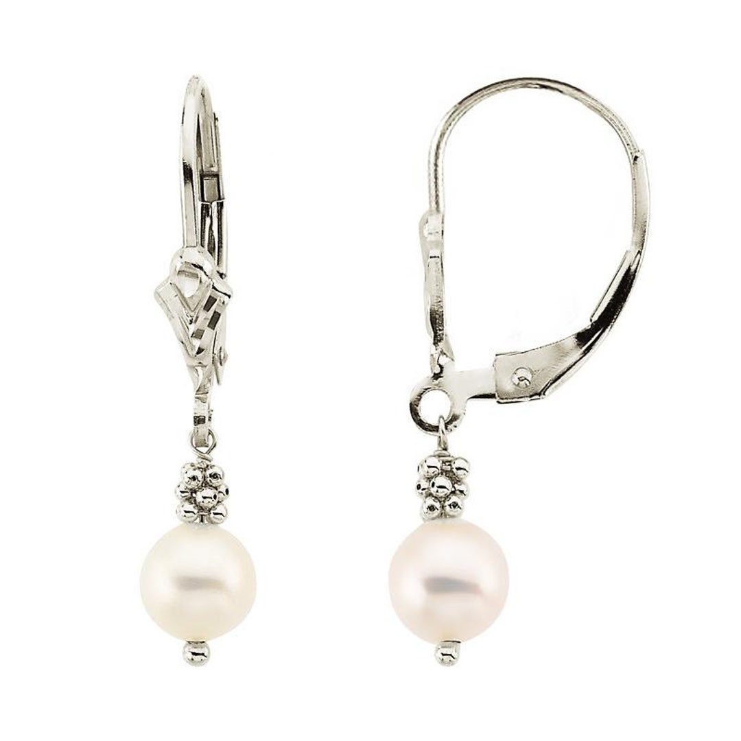 Pearl Dangle Earrings 14K White Gold Freshwater White Pearl - Etsy