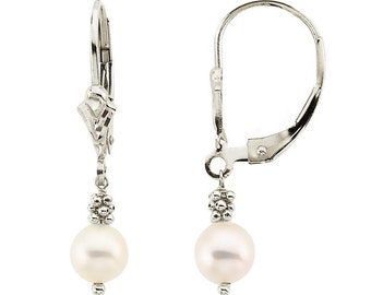 Pearl Dangle Earrings, 14K White Gold  Freshwater White Pearl Leverback Earrings Over 1 Inch Drop, Wedding Jewelry, Freshwater Pearls