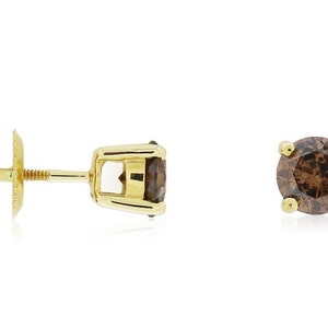 Brown Diamond Stud Earrings, 10K White Gold or 10K Yellow Gold Brown Solitaire Diamond Studs 1.0ct, Screw Back Earrings