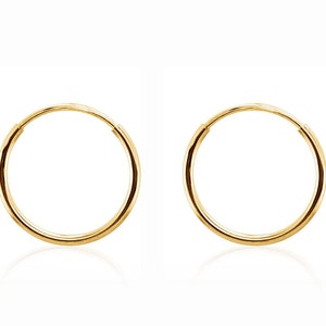 14K Yellow Gold Endless Hoop Earrings 12 x 1mm, Plain Round Minimalist Earrings, Second Piercings, Small Narrow Hoops