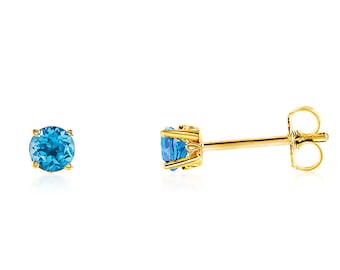 Swiss Blue Topaz Earrings, 14K Yellow Gold, White Gold or Rose Gold Topaz Gemstone Stud Earrings 3.5mm, 4mm, 5mm or 6mm, December Birthstone