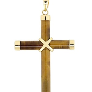 Tiger&#39;s Eye Cross Pendant, 14K Yellow Gold Golden Tiger&#39;s Eye Cross Necklace 16&quot;, 18&quot; or 20 Inch Rope Chain, Religious Faith Jewelry