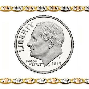 May include: A gold-toned chain with alternating white, rose, and yellow gold accents. A U.S. dime coin is in the center, showing the profile of a man and the words "Liberty" and "In God We Trust". The coin is dated 2013.