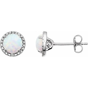 Opal Earrings, 925 Sterling Silver Lab Grown White Opal & Diamond Accent Halo Studs, October Birthstone
