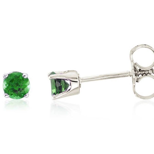 14K Emerald Studs, 14K White Gold or Yellow Gold Green Emerald Stud Earrings 3mm Round Screw Back Earrings, May Birthstone, Girl's Gift
