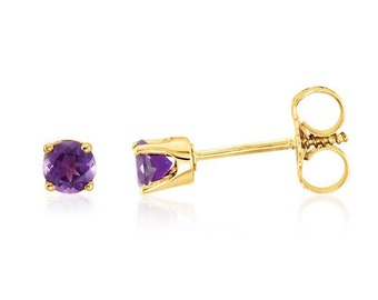 Amethyst Stud Earrings, 14K Yellow Gold or White Gold Genuine Purple Amethyst Gemstone Studs 3mm Round, February Birthstone, Screw Backs