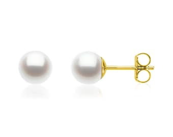 14K Pearl Stud Earrings, 14K Yellow, White or Rose Gold Genuine AAA Freshwater White Pearl Studs 6mm Round, Gift For Her, Wedding Jewelry