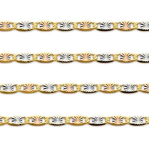 May include: Gold-tone chain necklace with a tri-color design. The chain features alternating oval links with a starburst pattern in gold, silver, and rose gold. The necklace is displayed against a white background.