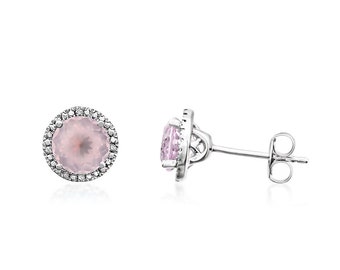 Rose Quartz Sterling Silver Stud Earrings, Diamond Accent Halo, 6mm Gemstone