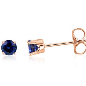 14K Sapphire Stud Earrings, 14K Rose Gold Blue Diamond Cut Sapphire Gemstone Studs 3mm Round, September Birthstone, Second Piercings image 1
