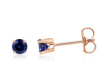 14K Sapphire Stud Earrings, 14K Rose Gold Blue Diamond Cut Sapphire Gemstone Studs 3mm Round, September Birthstone, Second Piercings
