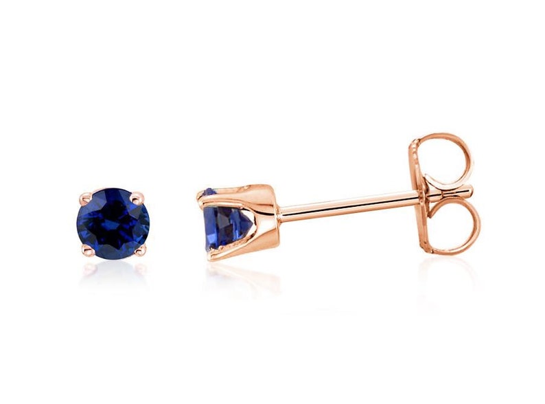 14K Sapphire Stud Earrings, 14K Rose Gold Blue Diamond Cut Sapphire Gemstone Studs 3mm Round, September Birthstone, Second Piercings image 1