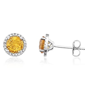 Citrine Earrings, 925 Sterling Silver Genuine Citrine Gemstone & Diamond Accent Halo Studs, 6mm Round Citrine, November Birthstone
