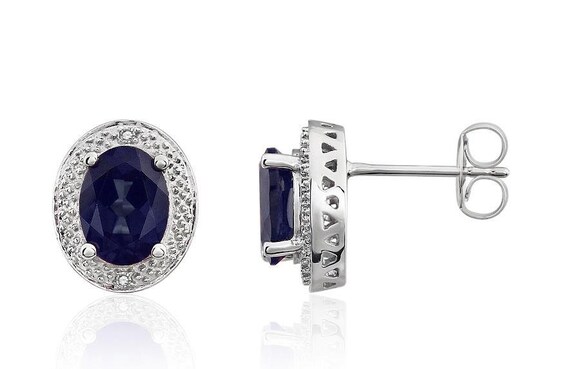 Or 14Kt Saphir Bleu Ovale Cadre Clous D/'Oreilles