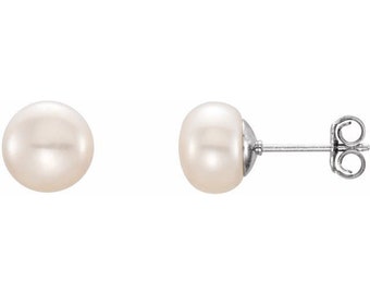 Sterling Silver Pearl Stud Earrings, Genuine Freshwater White Pearl 925 Studs, 7.5mm - 8mm Button Shape Classic Pearls