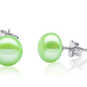 Sterling Silver Green Pearl Stud Earrings, Mint Green Genuine Freshwater Pearl Studs 7mm or 8mm Size, Button Shape Classic Pearls