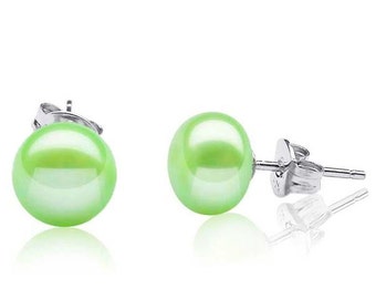 Pendientes de botón de plata de ley con perlas verde menta (7 mm u 8 mm)