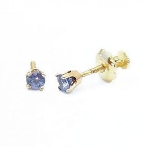 14K Baby Earrings, 14K Yellow Gold Blue Sapphire Small Stud Earrings, Screw Back Studs, Gift for Babies & Kids, Second Piercings