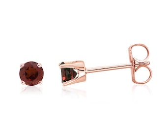 14K Rose Gold Garnet Earrings,  14K Rose Gold Genuine Red Garnet Gemstone Studs 3mm Round, January Birthstone, Screw Backs Optional