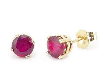 14K Yellow Gold Ruby Stud Earrings, Genuine Red Ruby Gemstone Studs 5mm Round, July Birthstone, Screw Backs Optional