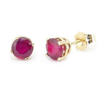 14K Yellow Gold Ruby Stud Earrings, Genuine Red Ruby Gemstone Studs 5mm Round, July Birthstone, Screw Backs Optional
