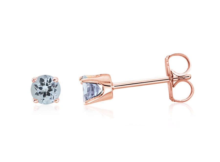 14K Rose Gold Aquamarine Stud Earrings 3mm Round, Genuine Light Blue Aquamarine Studs, March Birthstone, Second Piercings
