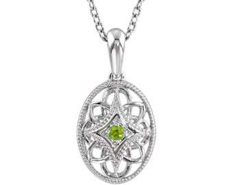 Sterling Silver Peridot Pendant, Vintage Filigree Necklace, 18 inch Chain, August Birthstone