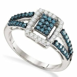 925 Sterling Silver Diamond Ring, Blue & White Diamond Halo Cluster Split Band Ring .50ct, Ring Size 6, 7, 8 or 9, Gift for Her