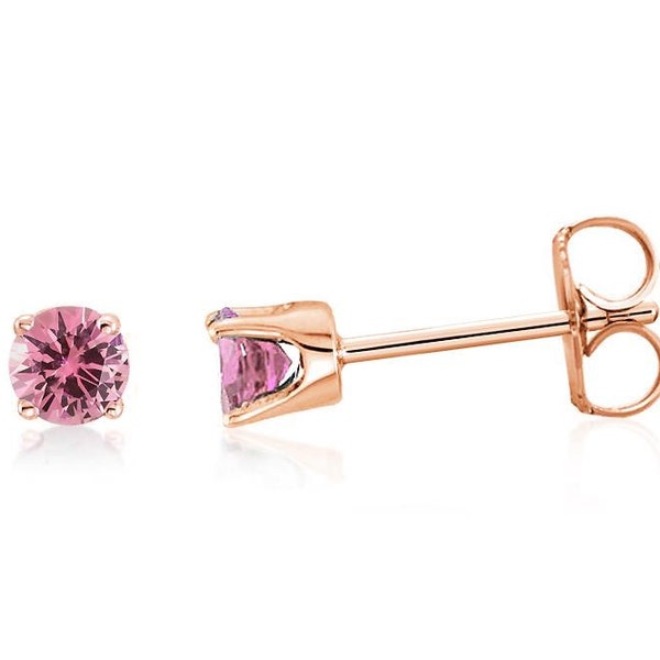 Pink Sapphire Studs, 14K Rose Gold, Yellow Gold or White Gold Pink Diamond Cut Sapphire Gemstone Earrings 3mm Round, September Birthstone