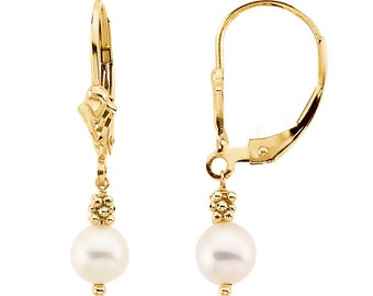 Pearl Dangle Earrings, 14K Yellow Gold Freshwater White Pearl Leverback Earrings 1 Inch Drop, Gift for Her, Wedding Jewelry